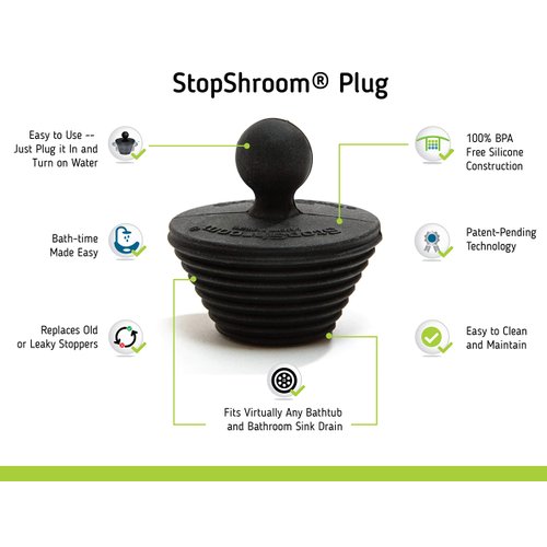 StopShroom Tub 2 Pack Universal Stopper for Bathtub and Bathroom Sink Drains, Black Plug 2pk, 2 Count
