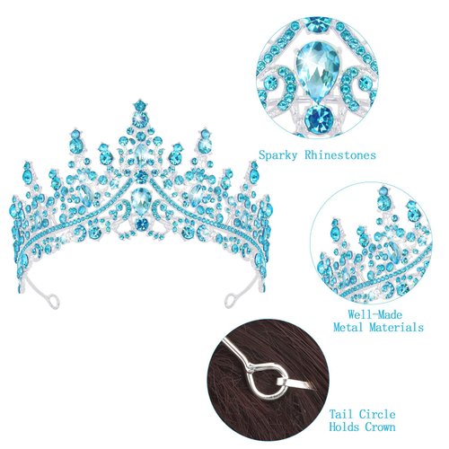 CAVETEE Princess Crown and Birthday Princess Sash,Blue Birthday Tiara With Glitter Sash for Princess Party Decorations Happy Birthday Accessories Birthday Crown and Tiara for Women Girls