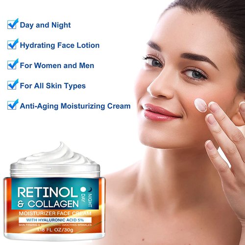 Retinol and Collagen Face Cream, Retinol Face Moisturizer with Hyaluronic Acid, Day & Night Anti Aging, Reduces Wrinkles, Fine Line, Hydrating Facial Moisturizer for Women Men Moisturizing Skin