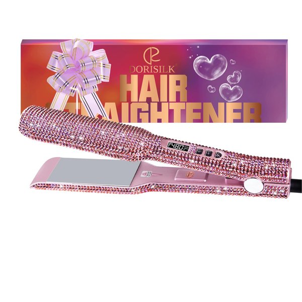 DORISILK Crystal Diamond Professional Hair Straightener, 2 Inch Titanium Flat Iron Bling Rhinestone Straightening Iron Curling 2 in 1, Salon High Heat 480 °F, Instant Heat Up, Dual Voltage, Rose Pink