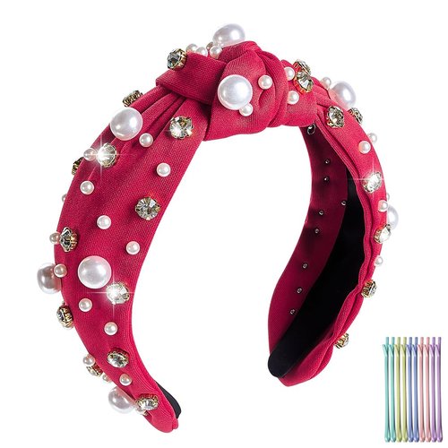 TANOSII Valentine’s Day Knotted Headband for Women Wide Headbands Hair Accessories Jeweled Hairband Pearl Rhinestone Red