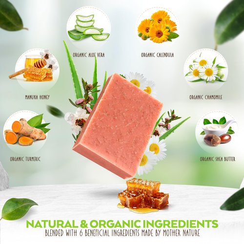 Manuka Honey & Turmeric Soap Bar for Body & Face, Made In USA with Natural & Organic Ingredients - Gentle For All Skin Types – 4.5 Ounce Bar