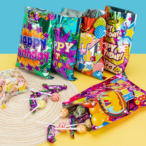 UUSYCUN 40PCS Birthday Goodie Bags for Kids, Cake & Ribbons Party Favor Bags for Kids Birthday, Plastic Treat Bags for Party, Small Return Gift Bags Bulk for Goody, Candy, Holiday, Girls, Boys, Adult