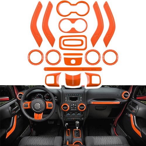 E-cowlboy 18 PCS Full Set Interior Decoration Trim Kit Steering Wheel Center Console Door Handle Air Conditioning Vent Cup Holder Gear Cover Trim for Jeep Wrangler JK JKU 2011-2018 4-Door (Orange)