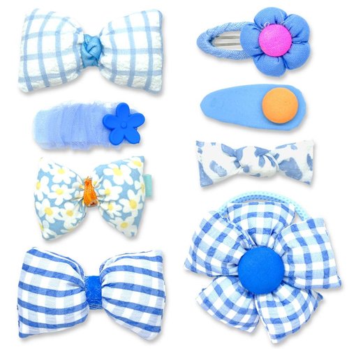 Bow Hair Clips for Girls - 8 Pack Blue Cute Toddler Hair Clips, Barrettes & Bows, Alligator Lined Snap Clips, Baby Girls Hair Accessories for Little Kids, Children & Teens