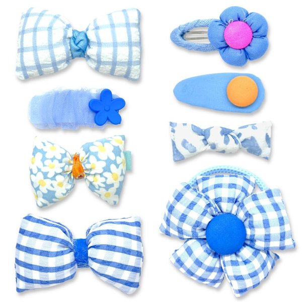 Bow Hair Clips for Girls - 8 Pack Blue Cute Toddler Hair Clips, Barrettes & Bows, Alligator Lined Snap Clips, Baby Girls Hair Accessories for Little Kids, Children & Teens