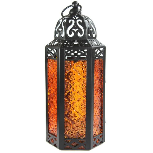 VELA LANTERNS Moroccan Candle Lantern Decorative Candle Holder Lamp for Table or Hanging, Ramadan and Halloween Decorations, Outdoor Patio or Porch, Weddings, Black Metal, Amber Orange Glass, Medium