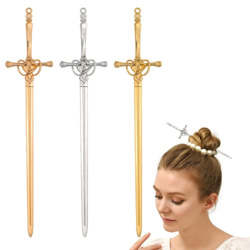 3 PACK Metal Sword Hair Sticks Witch Accessories for Women Hair Buns Chopsticks Vintage Style Handmade Hair Pins Stick