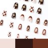 Fall Press on Nails Short Almond Fake Nails Brown French Tip False Nails with Designs Cute Flowers Hearts Acrylic Nails Full Cover Round Head Brown Glue on Nails for Women Girls Autumn Nail Art