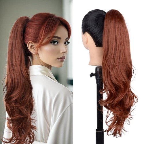 ZIRANJUAN Ponytail Extension 20 Inch Claw Clip in Ponytail and Drawstring Ponytail Hair Extensions for Women Long Curly Wavy Ponytail Jaw Synthetic Pony Tails Hairpiece for Women Copper Red