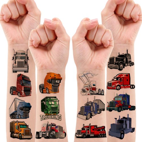 8 Sheets (96PCS) Semi Truck Temporary Tattoos Theme Birthday Party Decorations Supplies Favors Decor Stickers for Kids Boys Girls Gifts Classroom School Prizes Rewards