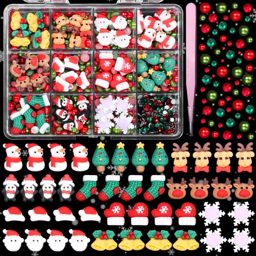 Christmas Nail Art Charms and Nail Rhinestones, 3D Christmas Resin Candy Nail Charms, Flatback Pearls Santa Claus Snowman Socks Elk Christmas Tree Bells Cartoon Charms for Christmas DIY Decor