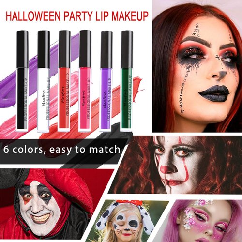 MIESCHER Halloween Matte Liquid Lipstick Tube, Waterproof Lip Gloss High Pigmented Matte Velvety Creamy Lipstick, Smudge Proof & Non-stick Lip Stain, Bold Goth Face Paint (Set A, 0.21oz)