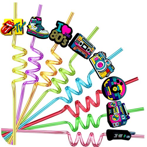 24pcs 80s Party Favors Retro Straws Hip Hop Themed 80s Music Party Decorations Straws 80s Radio Speaker Phone Tape Straws Party Supplies With 2 Brushes 8 Color straws
