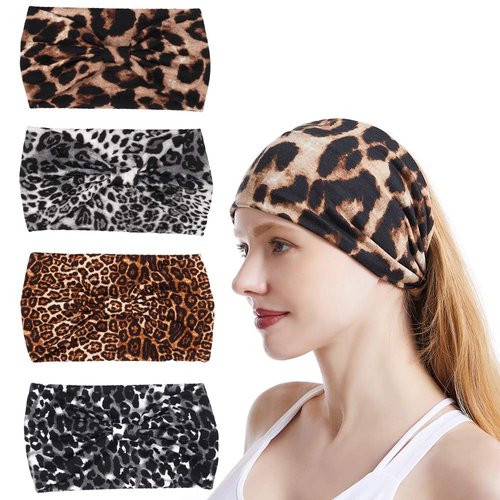 DINPREY Animal Print Headwraps bandana hair bands Knot Twisted Headbands Boho head wrap Cross Leopard Headband wide headwraps for women (Wide Leopard Headbands)