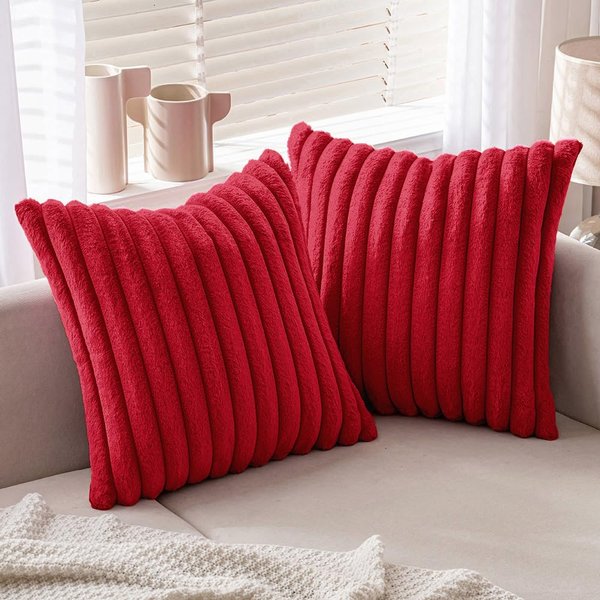 MIULEE Red Throw Pillow Covers 18x18 Inch Set of 2 Soft Couch Pillow Covers with Velvet Back Faux Rabbit Fur Throw Pillows Decorative Home Decor for Sofa Bedroom Livingroom