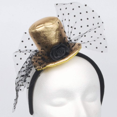 Loftus Halloween Soft Mini Top Hat w Veil Rose Headband, Gold Black, One-Size