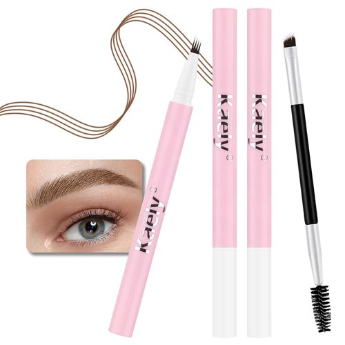 2 Pcs Medium Brown Magic Microblading Eyebrow Contouring Pen Brow Pencil, 2-in-1 Eyebrow Pencil with Brow Brush, Single-ended Eyebrow Brush, Hair Like Strokes, Natural Looking Eye Brow for Women, 06