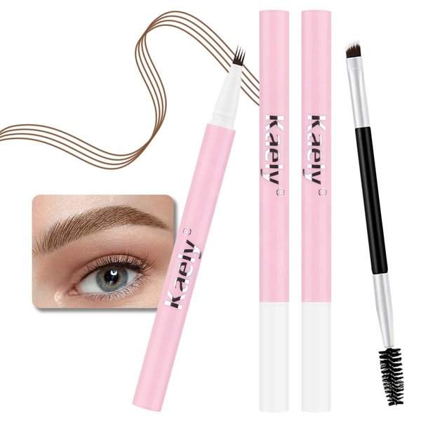 2 Pcs Medium Brown Magic Microblading Eyebrow Contouring Pen Brow Pencil, 2-in-1 Eyebrow Pencil with Brow Brush, Single-ended Eyebrow Brush, Hair Like Strokes, Natural Looking Eye Brow for Women, 06