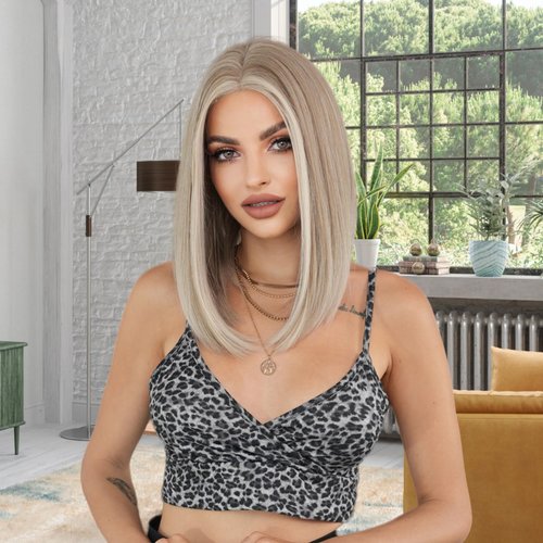 SENHORAS Ash Blonde Bob Wig Platinum Blonde Bob Wigs for Women 14 inch Mid Part Lace Wig Natural-Looking Synthetic Hair Wigs for Daily Party Cosplay Costume