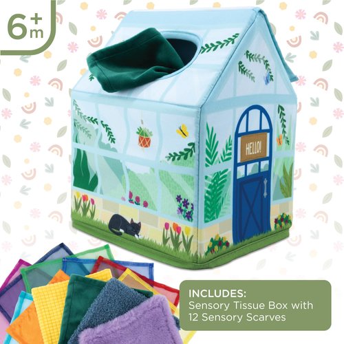 MindWare Sensory Sprouts Tissue Scarf Box - Montessori Toys for Babies 6-12 Months - Baby Tissue Box Toy - Soft Greenhouse-Shaped Tissue Box and 6 Sensory Scarves Featuring Different Textures
