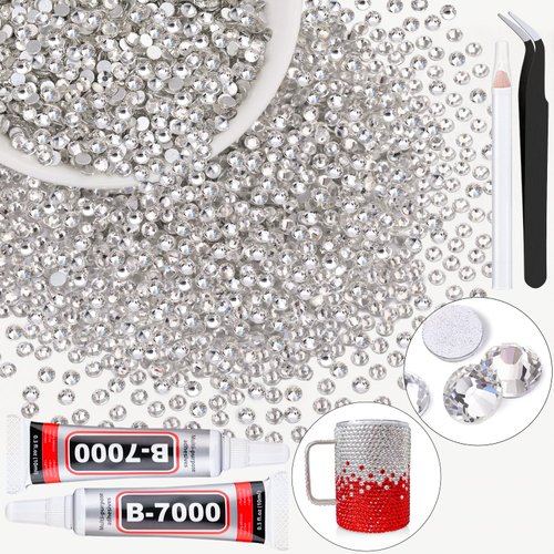 2000PCS SS12/3mm Crystal Rhinestones (Clear) with 2Pcs 10ml B7000 Jewelry Glue, Bedazzling Flatback Glass Rhinestones for Crafting Decor, Gems Diomand Charms for Tumbler Shoes Clothing Mugs Nail Art