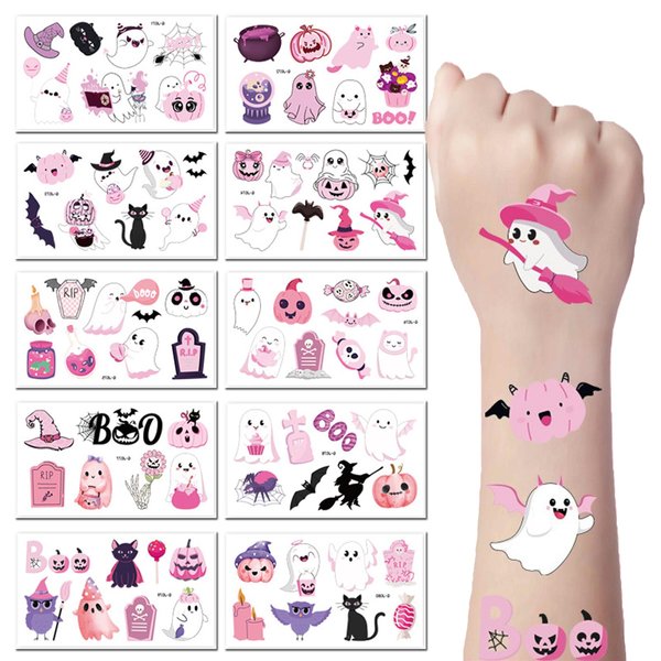 Cute Halloween Tattoos Pink Temporary Tattoo Stickers 83 Pcs Trick or Treat Fake Tattoos Halloween Party Favors Goodie Bags Gift Stuffers School Prize