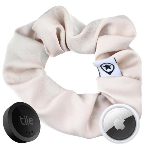 SafeTrack HairTag Child Size Satin Hair Scrunchie AirTag GPS Holder Hidden Zipper Pocket Elastic Ponytail Small Bracelet For AirTag or Tile (Champagne)