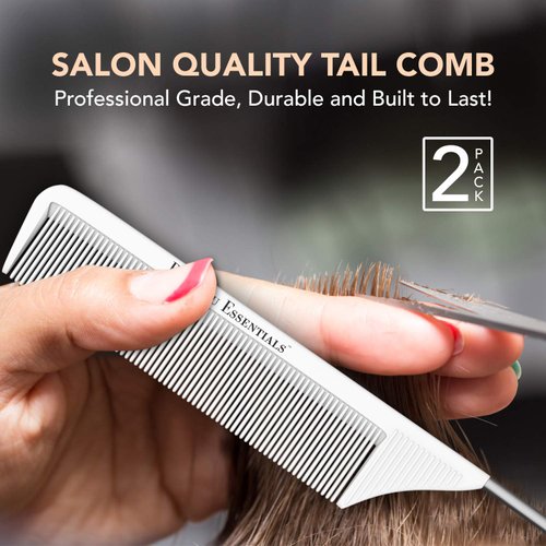 8.8 Inch White Metal Tail Comb (2 Pack) Carbon Fiber and Stainless Steel Pintail | Lightweight | Rat Tail Styling Combs for all Hair Types | Fine Tooth Teasing Comb Set (White 2 Pack)