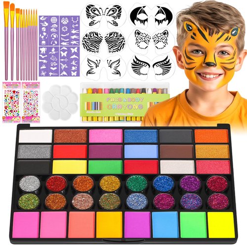Flasoo Face Painting Kit for Kids with Stencils, 42 Colors Non Toxic Face Paint with 16 Face Paint Crayons, 6 Reusable Face Painting Stencils, 40 Sticky Stencils for Kids Party and Halloween