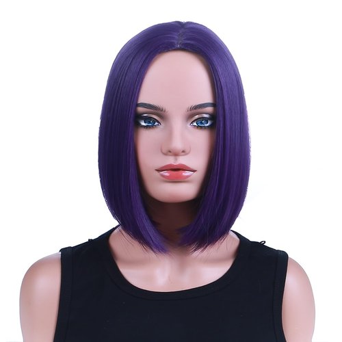 PATTNIUM Dark Purple Bob Wig for Women Short Straight Purple Wig with Bangs Short Purple Bob Hair Wigs Heat Resistant Synthetic Wig with Wig Cap