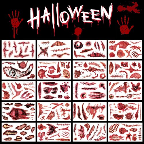 20 Sheets Body Face Fake Scar Halloween Makeup Kit, Halloween Temporary Tattoos Stickers for Kids Women Men, Halloween Party Favors Decorations Supplies, Halloween Gifts Goodie Bag Fillers