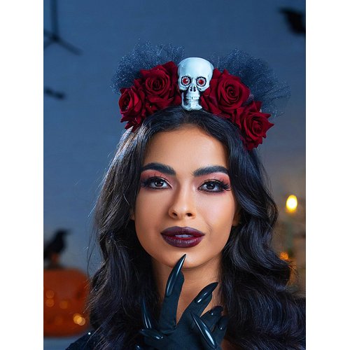 Urieo Halloween Skull Headband Gothic Rose Flower Headbands Black Veil Headband Day of The Dead Floral Crown Cosplay Masquerade Hair Band for Women