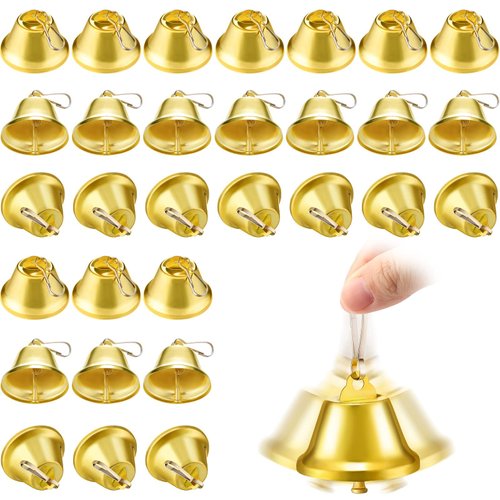 30 Pieces Craft Bells Small Brass Bells for Crafts Vintage Bells with Spring Hooks for Hanging Wind Chimes Making Dog Training Doorbell Christmas Tree Wedding Decor, 1.65 x 1.5 Inch (Gold)