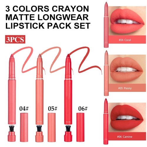 3 Colors Matt Nude Lipstick Lipliner Lip Crayons Pack Set,Velvet Moisture Smooth Matte Lipstick Pencils,Waterproof&Waterlasting,04#05#06#