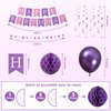 Purple Happy Birthday Party Decorations for Women Girls, Pre-Strung Happy Birthday Banner, Purple Balloons, Fringe Curtain, Tissue Paper Pom Poms, Circle Dot Garland, Hanging Swirls for Birthday Party
