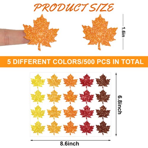Whaline 500Pcs Fall Maple Leaf Stickers 5 Colors Glitter Autumn Decals Shinny Self Adhesive Labels for Thanksgiving Party Cards Seal Envelopes Home Window Door Supplies