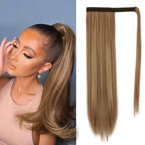 BARSDAR Straight Ponytail Extension - 18 Inch Long Straight Wrap Around Ponytail for Women Clip in Ponytail Hair Extensions Synthetic Highlight Hair Pony Tails Hairpieces Daily - Brown & Blonde