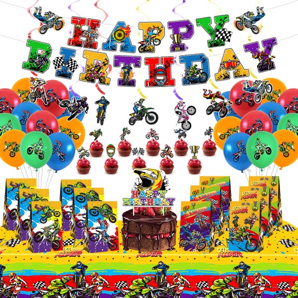 Dirt Bike Birthday Decoration, Includes Happy Birthday Banner, Cake Toppers, Hanging Swirls, Balloons, Party Gif Bags, Tablecloth, for Kids Boys Girls Motorcycle Extreme Sports Birthday Decoration