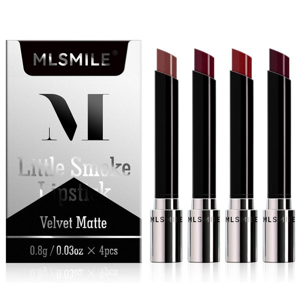 4 Colors Matte Lipstick,Little Small Smoke Tube Cigarettes Lip Tint Set,Matte Velvet Lipstick,Non-Sticky and Long Lasting 24 Hours Waterproof and Sweat Resistant Ladies Lip Balm Lipstick