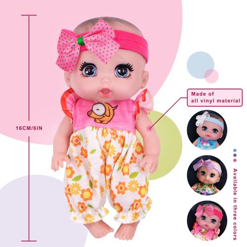 Beem Jun 6" Cute Small Baby Doll Newborn Baby All Vinyl Reborn Baby Dolls for Girls Swivel Mini Dolls 16 cm Crying Baby DIY Toys for Ages 3+(Pink)