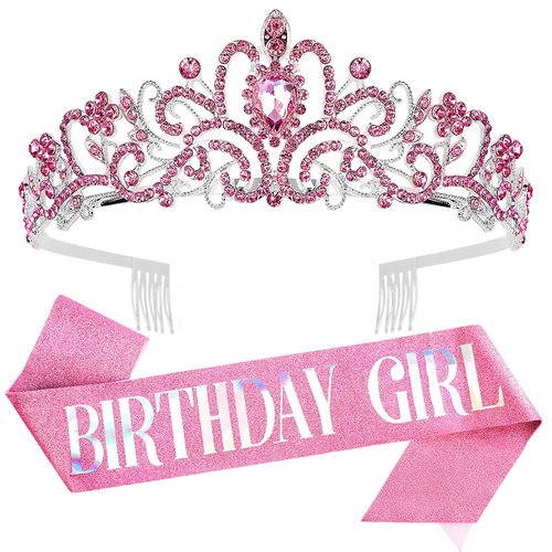 Birthday Crowns for Women, Didder Pink Birthday Girl Sash & Rhinestone Tiara Kit, Birthday Crown Birthday Sash and Tiara for Women Tiaras and Crowns for Women Girls Birthday Tiara for Women