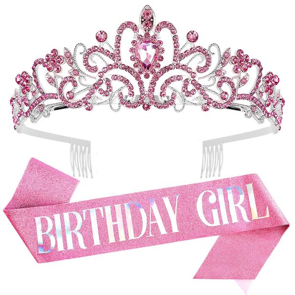 Birthday Crowns for Women, Didder Pink Birthday Girl Sash & Rhinestone Tiara Kit, Birthday Crown Birthday Sash and Tiara for Women Tiaras and Crowns for Women Girls Birthday Tiara for Women