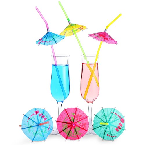 300 Pcs Umbrella Parasol Drinking Straws Luau Party Decorations Bendable Hawaiian Cocktail Straws with Umbrella Disposable Drinking Straws for Summer Beach, Hawaiian Party Decorations