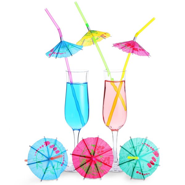 300 Pcs Umbrella Parasol Drinking Straws Luau Party Decorations Bendable Hawaiian Cocktail Straws with Umbrella Disposable Drinking Straws for Summer Beach, Hawaiian Party Decorations