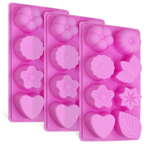 3 Pcs Floral Leaf Silicone Molds, FineGood 8-Cavity Cake Chocolate Pudding Jelly Soap Muffin Trays for Kitchen Baking Decoration - Pink