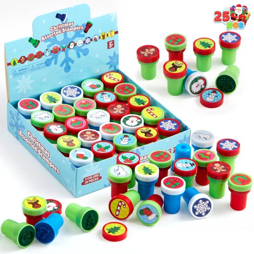 JOYIN 25 PCS Christmas Rubber Stamps for Kids Gift, Xmas Self Ink Stamp Assorted Stampers Party Favor, Kids Stamp Bulk for Goodie Bags Fillers Stocking Stuffers Classroom Supplies Carnival Prizes
