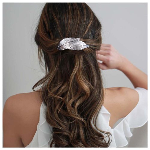 Allereyae Vintage Leaf Hair Clip Barrette - Silver Metal Alloy Minimalist Hair Accessory for Women