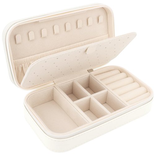 DesignSter Travel Jewelry Box, PU Leather Portable Jewelry Case, Small Jewelry Boxes for Gifts, Travel Jewelry Organizer for Women Rings Earrings Necklaces Bracelets (Beige)