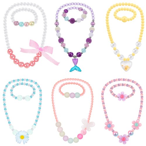 Sumind 6 Sets Play Jewelry for Little Girls Princess Necklace Bracelet Set Includes Kid Beaded Necklace Bracelet for Toddler Christmas Birthday Party Favors Cosplay(Heart, Flower Style)